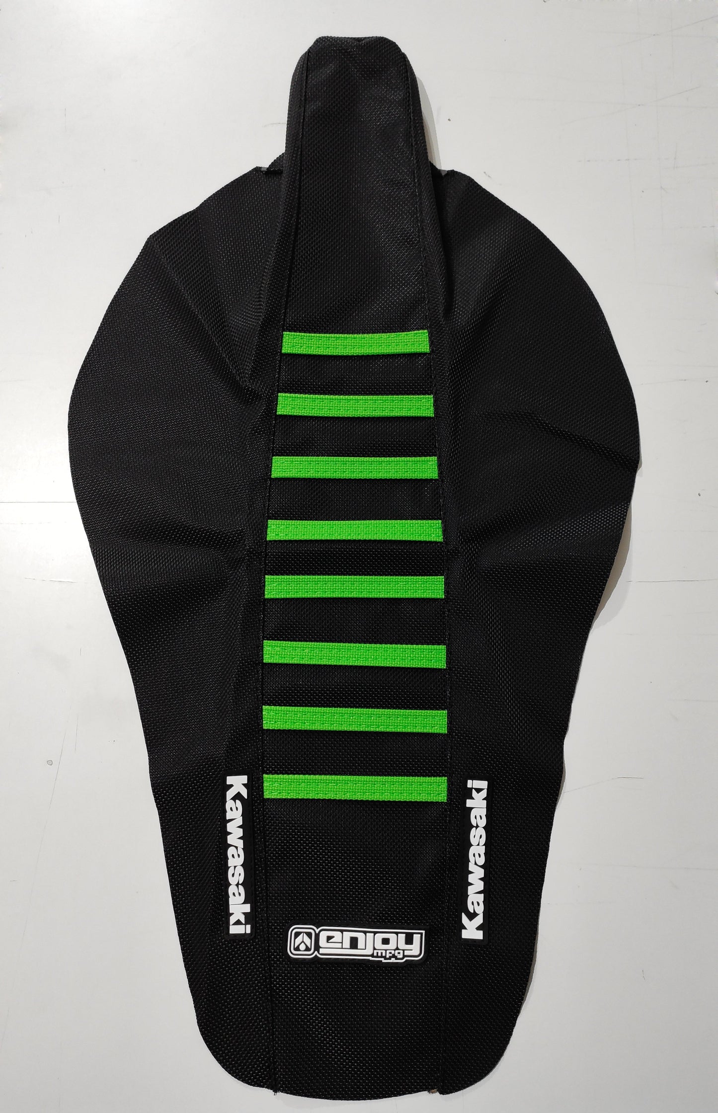 Enjoy Manufacturing Kawasaki Seat Cover KXF 250 2013 - 2016 KXF 450 2012 - 2015 Ribbed Logo, Black / Green