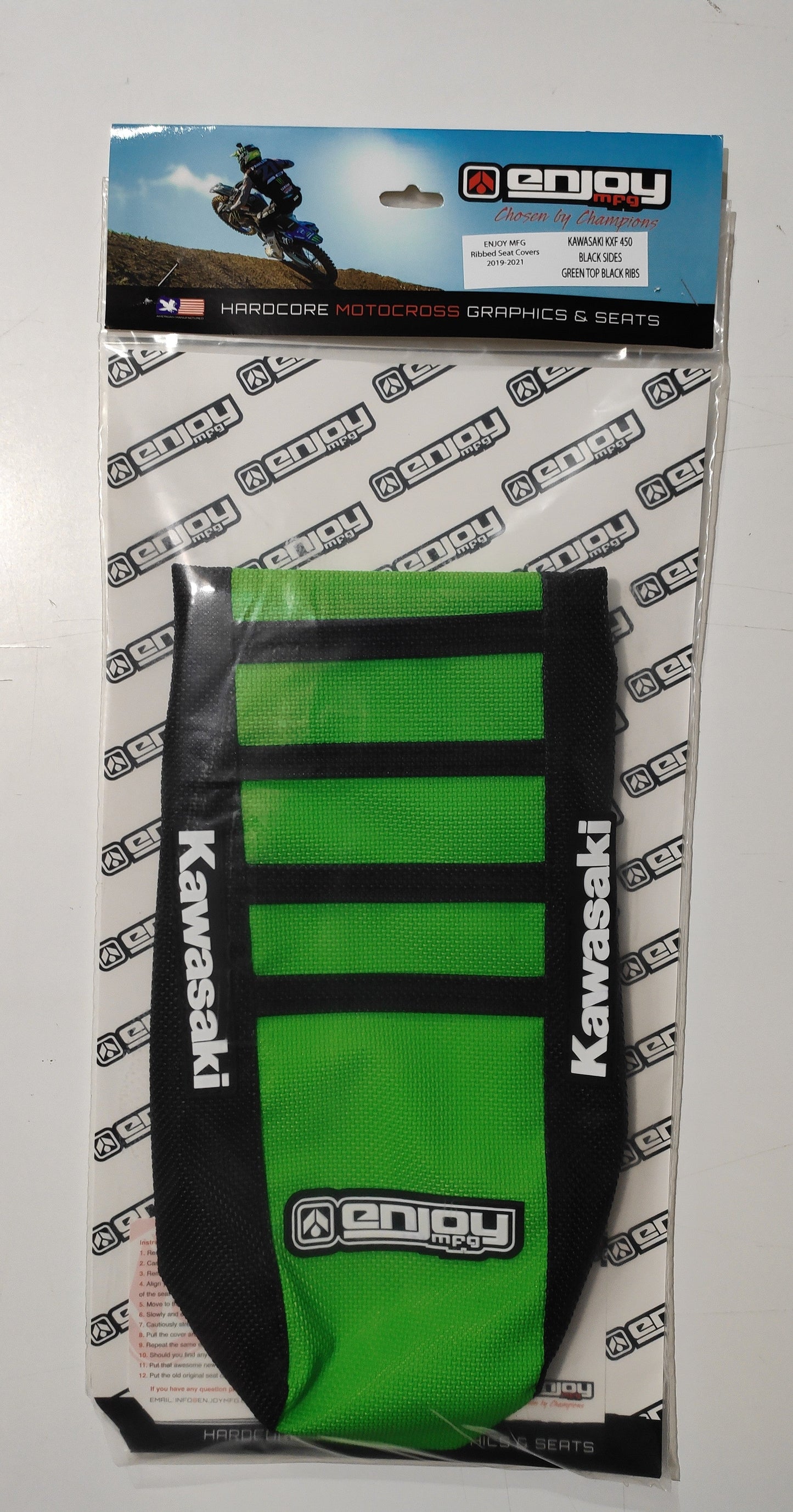 Enjoy Manufacturing Kawasaki Seat Cover KX 125 KX 250 1994 - 1998 Ribbed Logo, Black / Green / Black