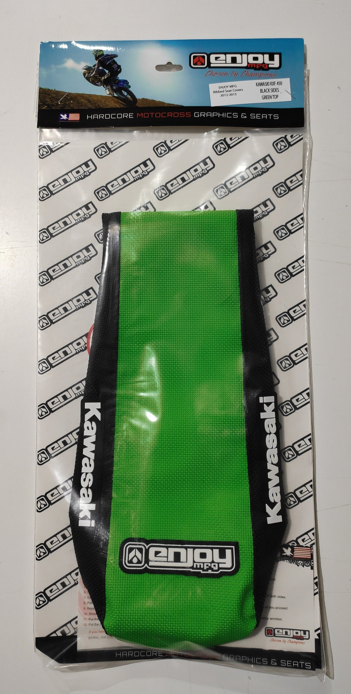 Enjoy Manufacturing Kawasaki Seat Cover KX 80 1998 - 2000 KX 85 100 2001 - 2013 STD Logo, Black / Green